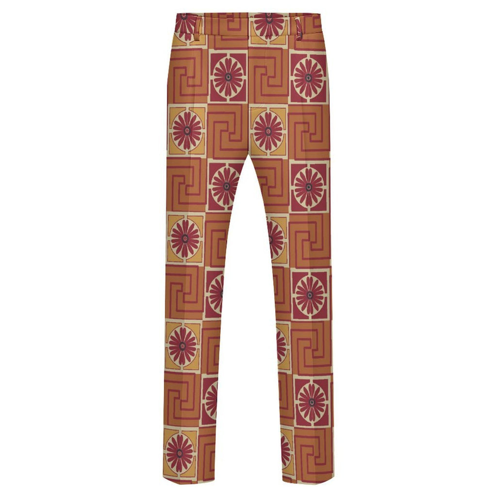 Dress pants featuring the Petal Circuit in Mulled Spice pattern with warm rust, plum, cream, and golden geometric floral shapes in a retro-inspired all-over print. Statement trousers with vintage autumn aesthetic, maximalist fashion, indie streetwear, mod inspired design, expressive queer friendly style, artsy alternative clothing, colorful geometric pattern, and bold patterned pants perfect for concerts, festivals, creative workwear, nightlife, parties, and everyday alternative fashion.