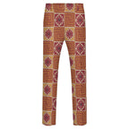 Dress pants featuring the Petal Circuit in Mulled Spice pattern with warm rust, plum, cream, and golden geometric floral shapes in a retro-inspired all-over print. Statement trousers with vintage autumn aesthetic, maximalist fashion, indie streetwear, mod inspired design, expressive queer friendly style, artsy alternative clothing, colorful geometric pattern, and bold patterned pants perfect for concerts, festivals, creative workwear, nightlife, parties, and everyday alternative fashion.