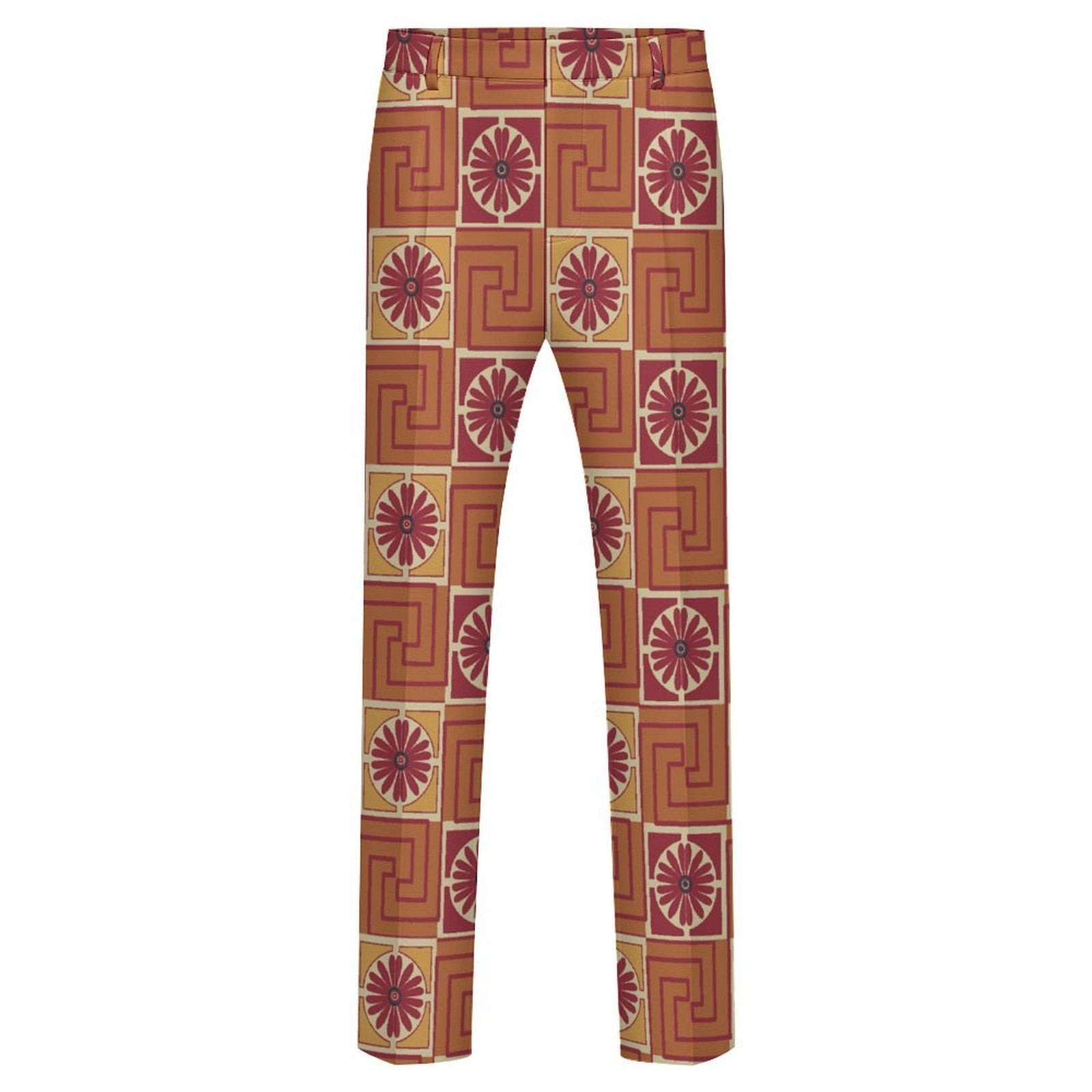 Dress pants featuring the Petal Circuit in Mulled Spice pattern with warm rust, plum, cream, and golden geometric floral shapes in a retro-inspired all-over print. Statement trousers with vintage autumn aesthetic, maximalist fashion, indie streetwear, mod inspired design, expressive queer friendly style, artsy alternative clothing, colorful geometric pattern, and bold patterned pants perfect for concerts, festivals, creative workwear, nightlife, parties, and everyday alternative fashion.
