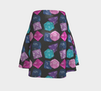 Flared skirt featuring a colorful polyhedral dice pattern with glitter-inspired details in an all-over tabletop gaming print. Playful statement skirt with nerdy maximalist aesthetic, Dungeons and Dragons inspired fashion, indie streetwear, whimsical gamer apparel, expressive queer friendly style, retro novelty fashion, artsy alternative clothing, and fun geek chic outfit perfect for conventions, festivals, game nights, concerts, parties, and everyday alternative wear.