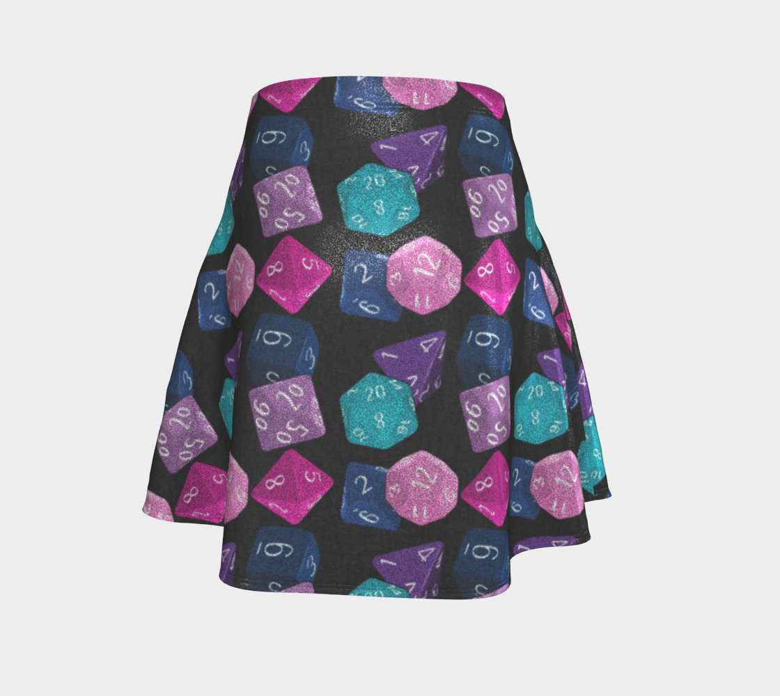 Flared skirt featuring a colorful polyhedral dice pattern with glitter-inspired details in an all-over tabletop gaming print. Playful statement skirt with nerdy maximalist aesthetic, Dungeons and Dragons inspired fashion, indie streetwear, whimsical gamer apparel, expressive queer friendly style, retro novelty fashion, artsy alternative clothing, and fun geek chic outfit perfect for conventions, festivals, game nights, concerts, parties, and everyday alternative wear.