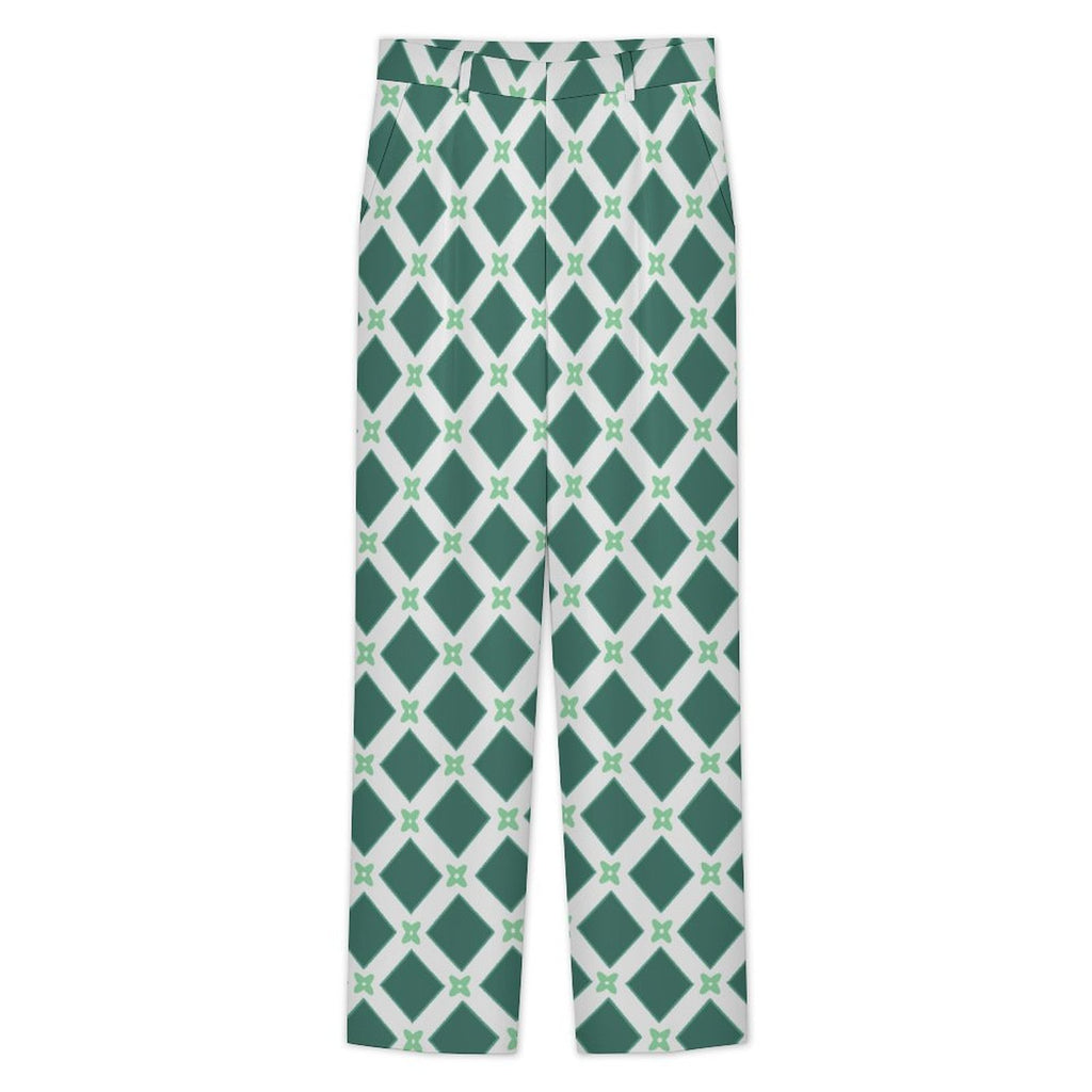 Dress pants featuring the Fleur Riviera in Sea Glass pattern with ornate floral motifs in soft teal, cream, and seafoam tones in a vintage-inspired all-over print. Statement trousers with coastal maximalist aesthetic, indie streetwear, botanical artwork, expressive queer friendly fashion, retro resort style, artsy alternative clothing, and colorful patterned pants perfect for festivals, creative workwear, brunch, vacations, concerts, and everyday alternative fashion.