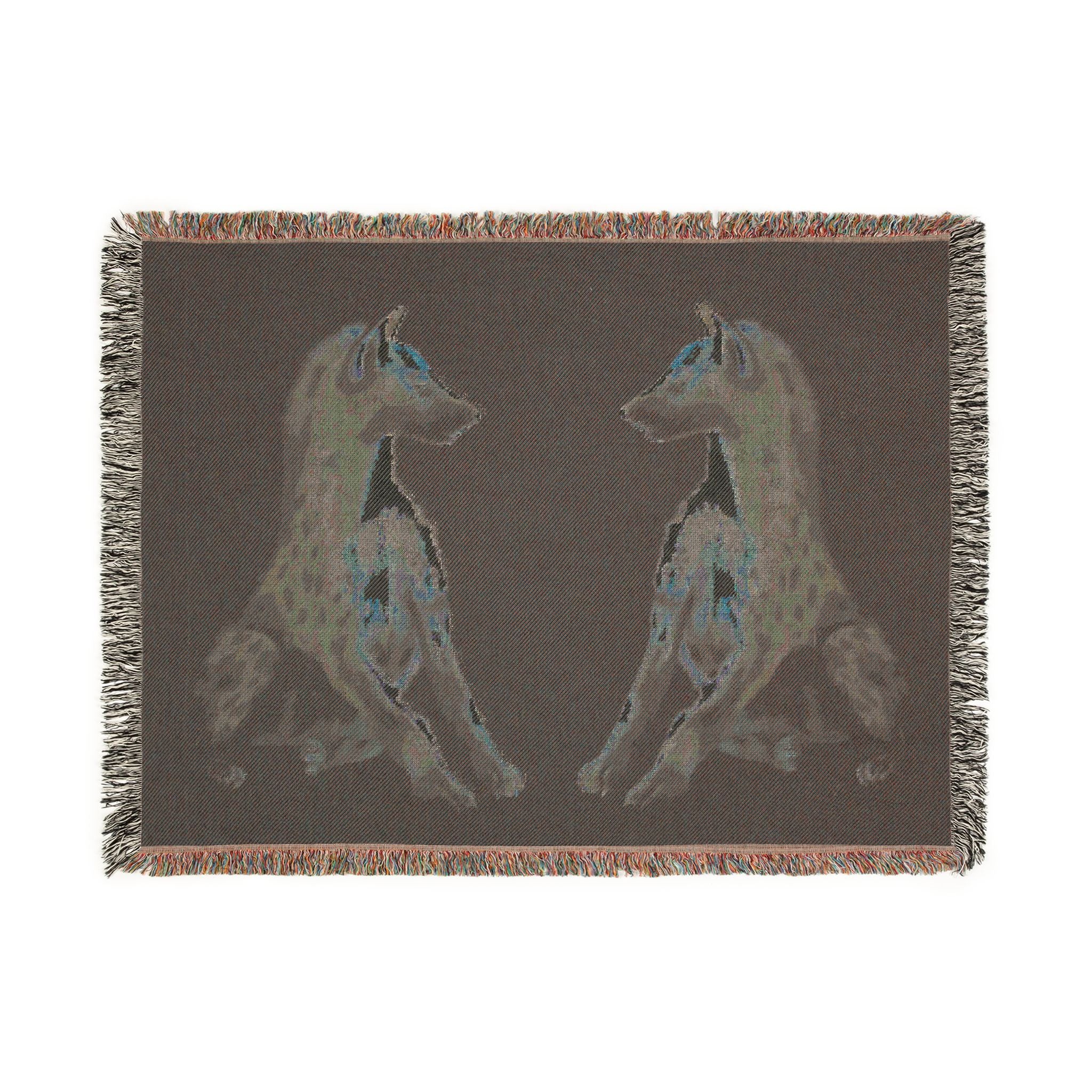 Woven blanket featuring illustrated hyena pups in a cozy wildlife-inspired design with warm earthy tones and detailed animal artwork. Soft statement blanket with nature lover aesthetic, safari inspired decor, whimsical wildlife art, maximalist home decor, indie illustration style, cozy cottagecore vibe, and expressive alternative decor perfect for bedrooms, reading nooks, couches, gifts, and colorful eclectic living spaces.