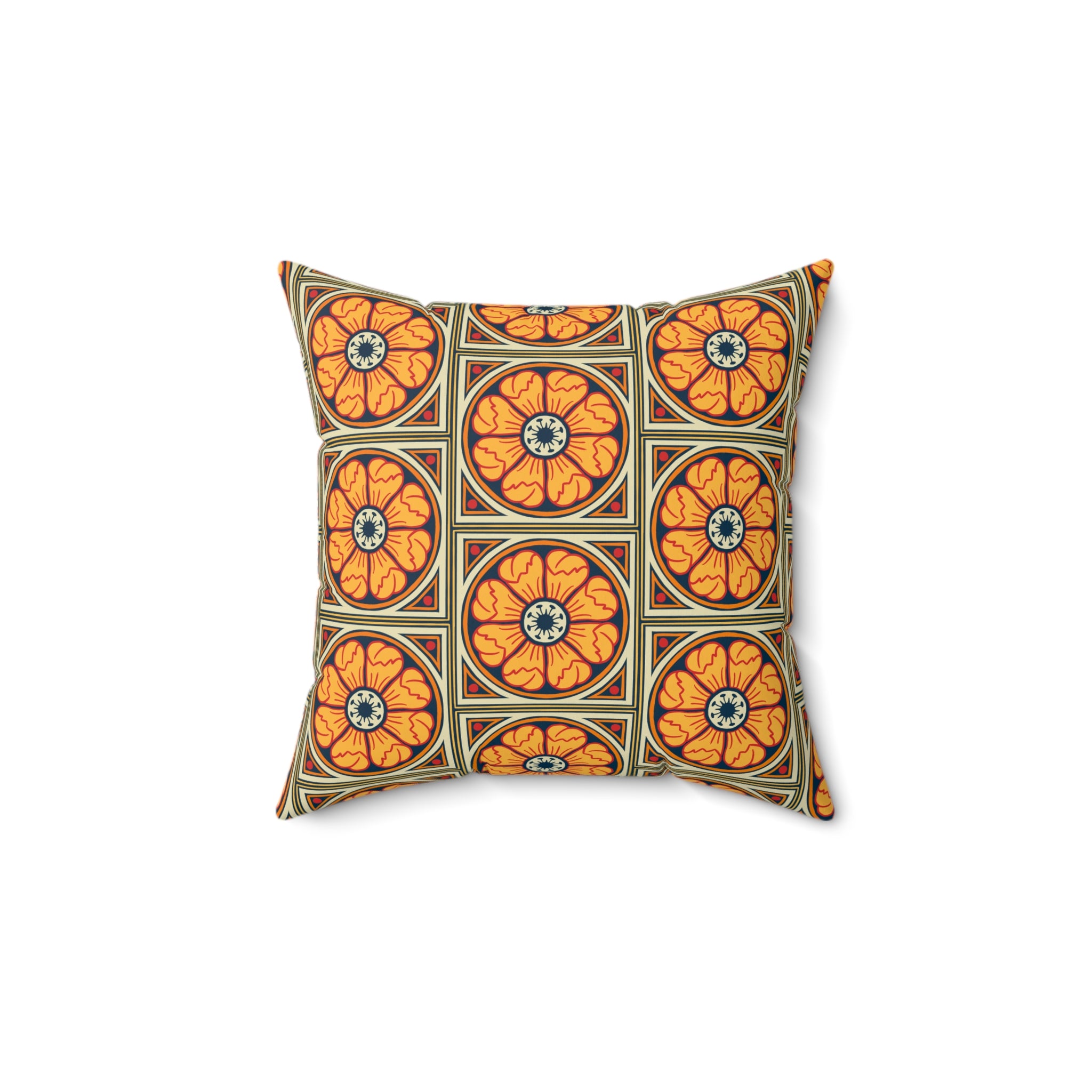 Decorative pillow featuring the Heritage Rosette in Golden Marigold pattern with warm golden yellow, cream, and floral-inspired geometric details in a vintage all-over design. Cozy home decor accent with retro folk art aesthetic, cottagecore style, maximalist interior decor, botanical inspired artwork, earthy bohemian vibe, whimsical vintage pattern, and artsy statement decor perfect for bedrooms, sofas, reading nooks, apartments, and eclectic colorful living spaces.