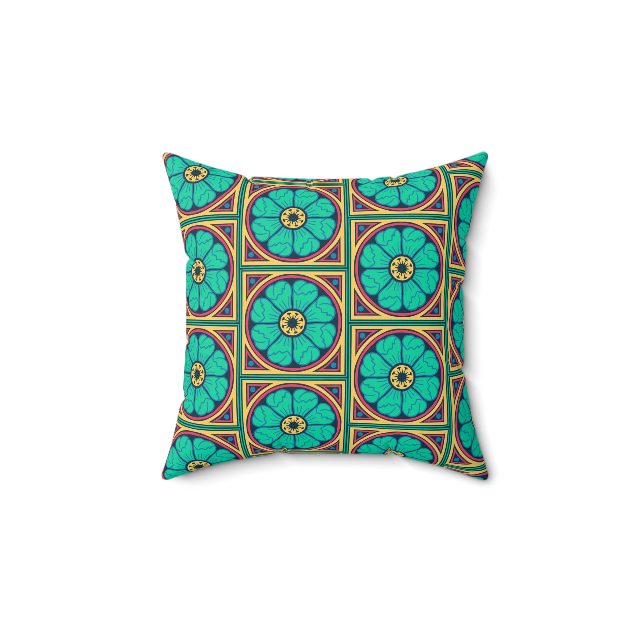 Decorative pillow featuring the Heritage Rosette in Lagoon Pop pattern with bright teal, coral, cream, and floral-inspired geometric details in a bold all-over design. Colorful home decor accent with retro folk art aesthetic, maximalist interior style, whimsical botanical artwork, indie decor vibe, playful vintage pattern, and artsy statement decor perfect for bedrooms, sofas, reading nooks, apartments, and eclectic colorful living spaces.