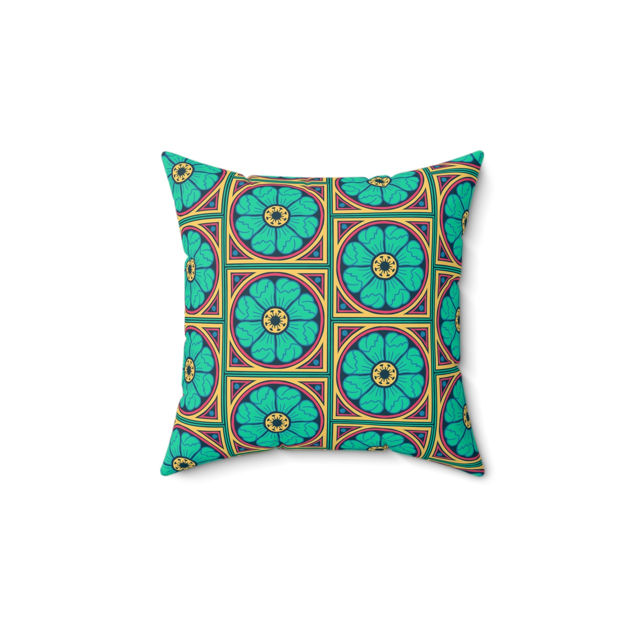 Decorative pillow featuring the Heritage Rosette in Lagoon Pop pattern with bright teal, coral, cream, and floral-inspired geometric details in a bold all-over design. Colorful home decor accent with retro folk art aesthetic, maximalist interior style, whimsical botanical artwork, indie decor vibe, playful vintage pattern, and artsy statement decor perfect for bedrooms, sofas, reading nooks, apartments, and eclectic colorful living spaces.