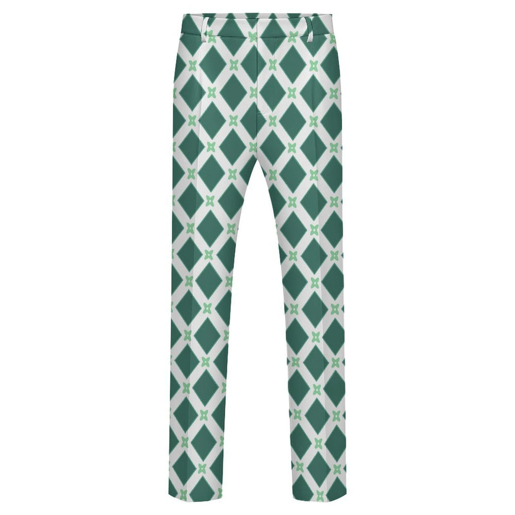Dress pants featuring the Fleur Riviera in Sea Glass pattern with ornate floral motifs in soft teal, cream, and seafoam tones in a vintage-inspired all-over print. Statement trousers with coastal maximalist aesthetic, indie streetwear, botanical artwork, expressive queer friendly fashion, retro resort style, artsy alternative clothing, and colorful patterned pants perfect for festivals, creative workwear, brunch, vacations, concerts, and everyday alternative fashion.