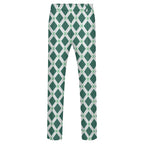 Dress pants featuring the Fleur Riviera in Sea Glass pattern with ornate floral motifs in soft teal, cream, and seafoam tones in a vintage-inspired all-over print. Statement trousers with coastal maximalist aesthetic, indie streetwear, botanical artwork, expressive queer friendly fashion, retro resort style, artsy alternative clothing, and colorful patterned pants perfect for festivals, creative workwear, brunch, vacations, concerts, and everyday alternative fashion.