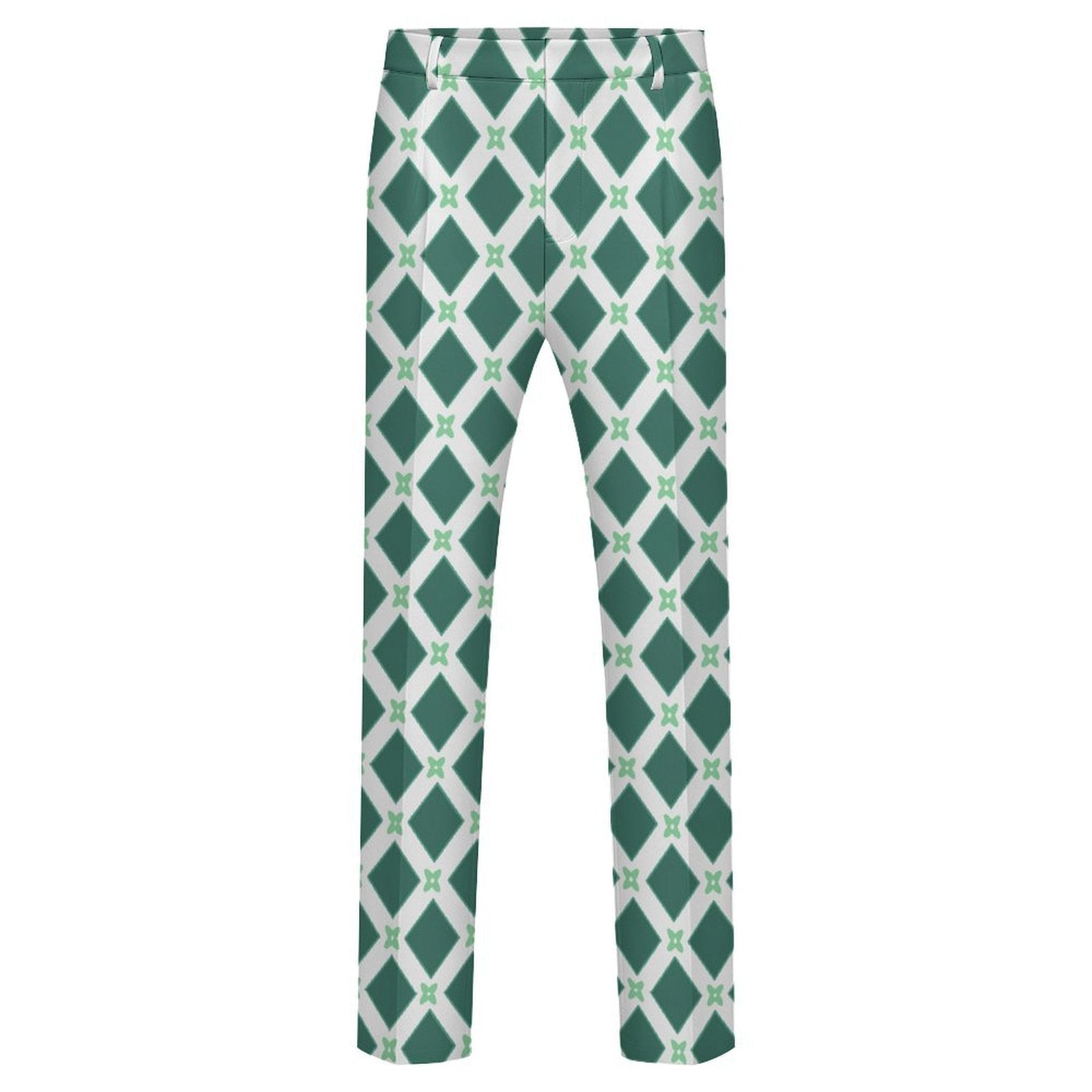 Dress pants featuring the Fleur Riviera in Sea Glass pattern with ornate floral motifs in soft teal, cream, and seafoam tones in a vintage-inspired all-over print. Statement trousers with coastal maximalist aesthetic, indie streetwear, botanical artwork, expressive queer friendly fashion, retro resort style, artsy alternative clothing, and colorful patterned pants perfect for festivals, creative workwear, brunch, vacations, concerts, and everyday alternative fashion.
