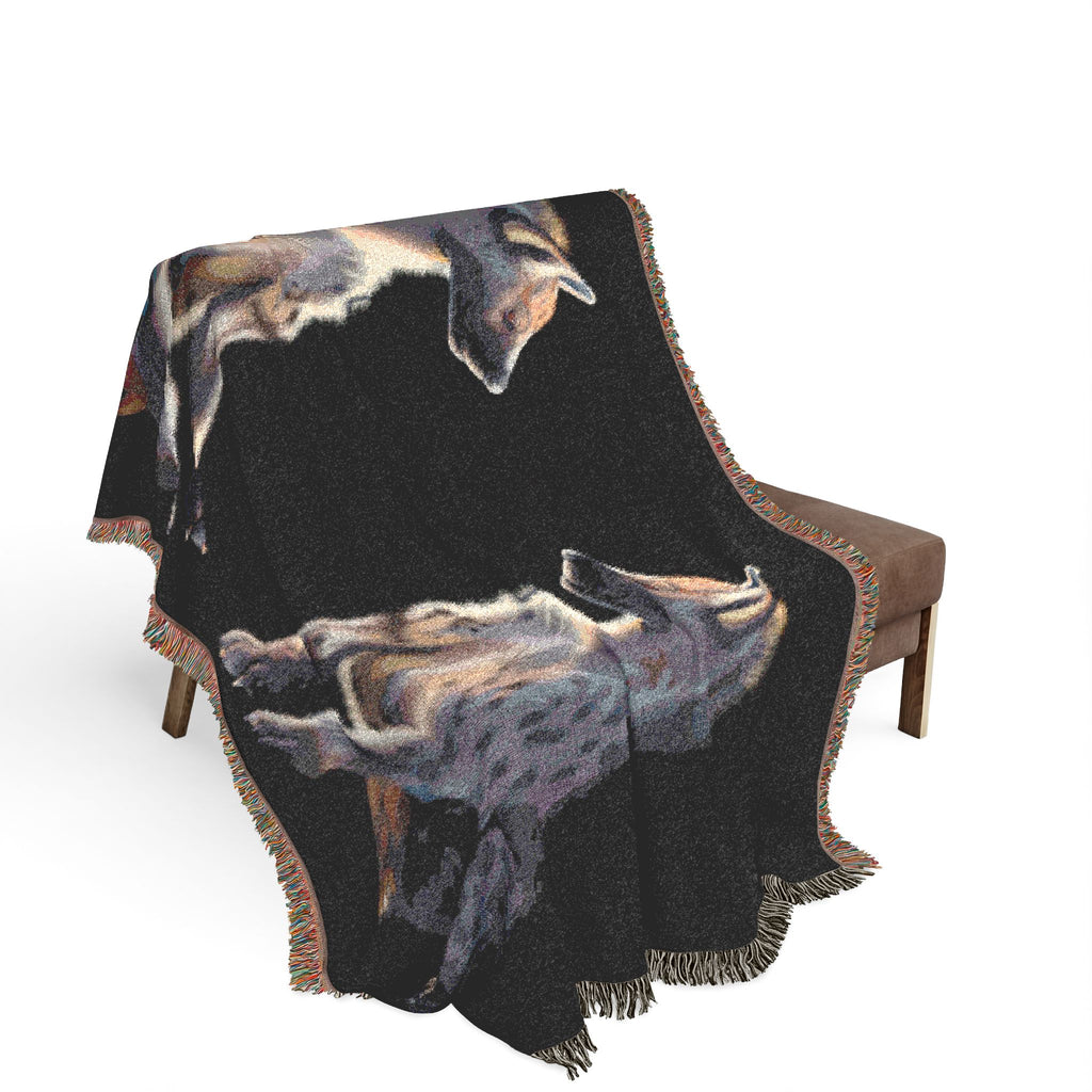 Woven blanket featuring illustrated hyena pups in a cozy wildlife-inspired design with warm earthy tones and detailed animal artwork. Soft statement blanket with nature lover aesthetic, safari inspired decor, whimsical wildlife art, maximalist home decor, indie illustration style, cozy cottagecore vibe, and expressive alternative decor perfect for bedrooms, reading nooks, couches, gifts, and colorful eclectic living spaces.