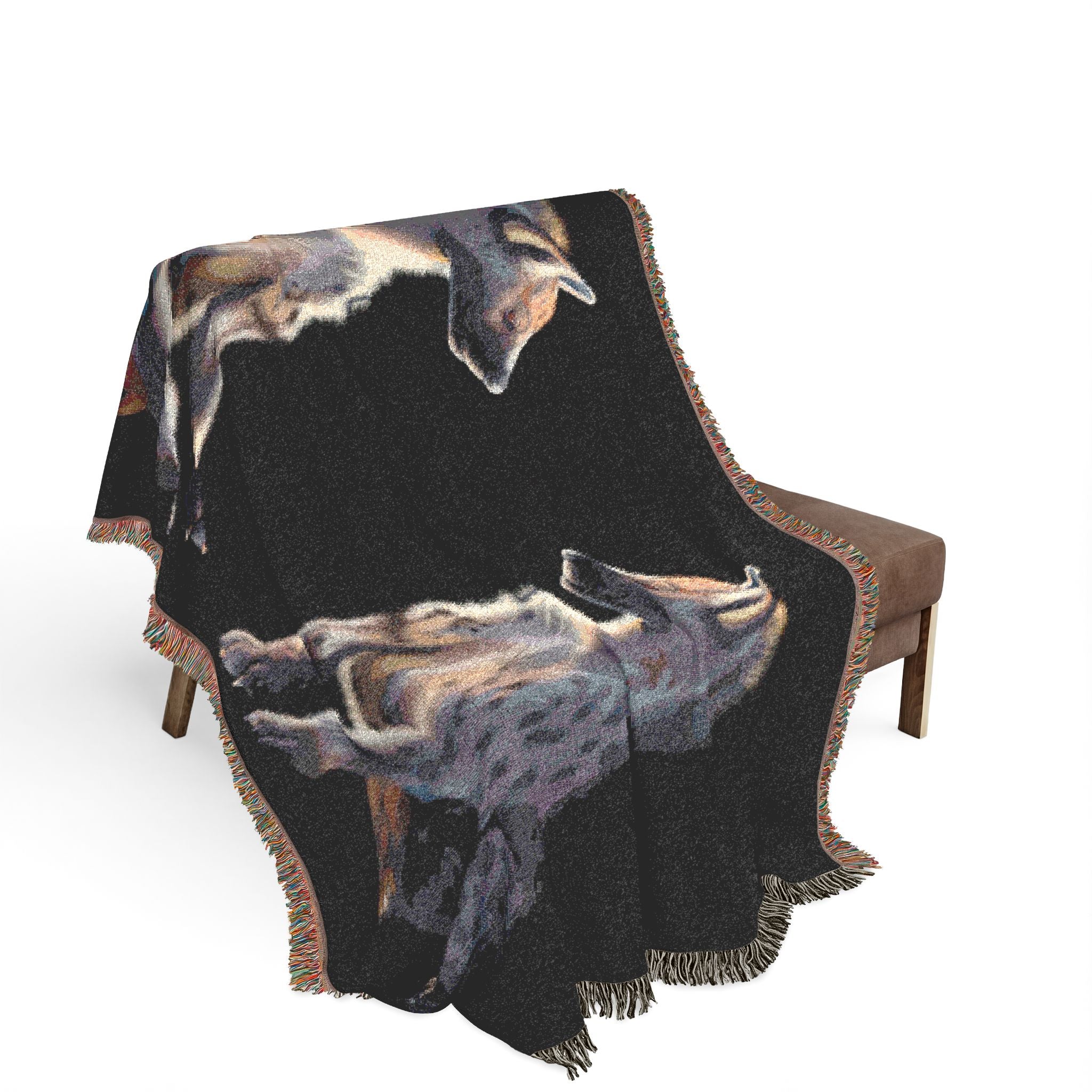 Woven blanket featuring illustrated hyena pups in a cozy wildlife-inspired design with warm earthy tones and detailed animal artwork. Soft statement blanket with nature lover aesthetic, safari inspired decor, whimsical wildlife art, maximalist home decor, indie illustration style, cozy cottagecore vibe, and expressive alternative decor perfect for bedrooms, reading nooks, couches, gifts, and colorful eclectic living spaces.