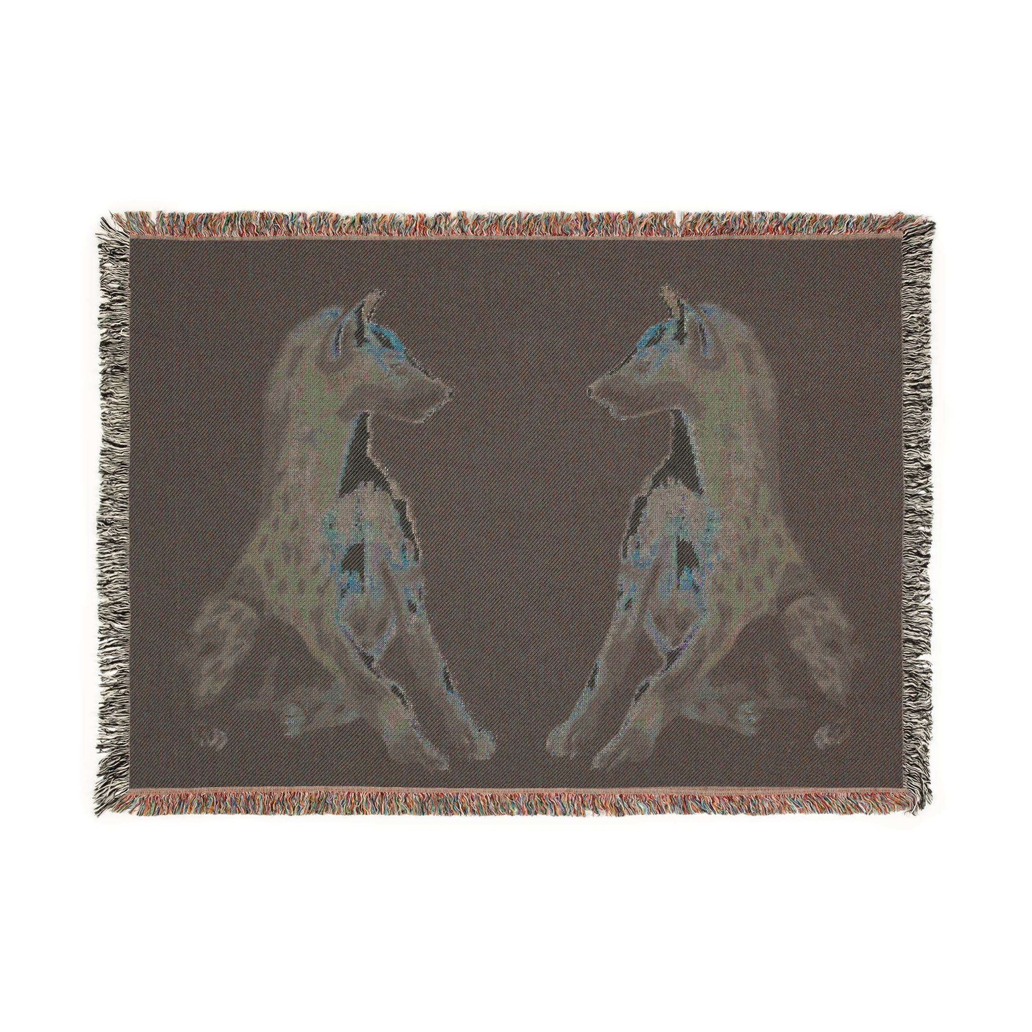 Woven blanket featuring illustrated hyena pups in a cozy wildlife-inspired design with warm earthy tones and detailed animal artwork. Soft statement blanket with nature lover aesthetic, safari inspired decor, whimsical wildlife art, maximalist home decor, indie illustration style, cozy cottagecore vibe, and expressive alternative decor perfect for bedrooms, reading nooks, couches, gifts, and colorful eclectic living spaces.