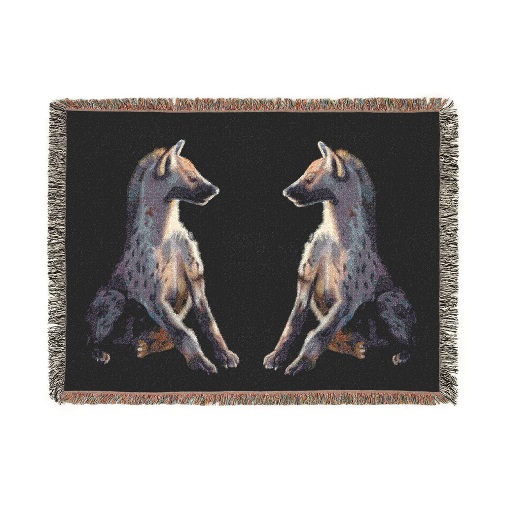 Woven blanket featuring illustrated hyena pups in a cozy wildlife-inspired design with warm earthy tones and detailed animal artwork. Soft statement blanket with nature lover aesthetic, safari inspired decor, whimsical wildlife art, maximalist home decor, indie illustration style, cozy cottagecore vibe, and expressive alternative decor perfect for bedrooms, reading nooks, couches, gifts, and colorful eclectic living spaces.