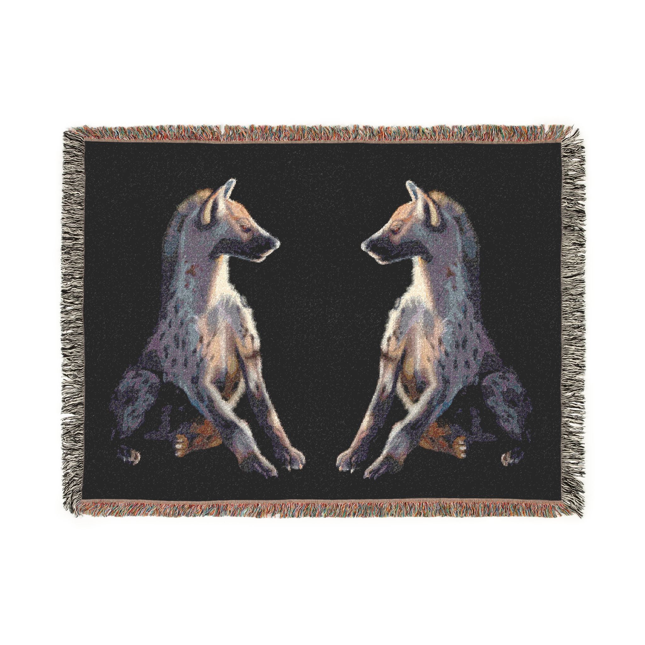 Woven blanket featuring illustrated hyena pups in a cozy wildlife-inspired design with warm earthy tones and detailed animal artwork. Soft statement blanket with nature lover aesthetic, safari inspired decor, whimsical wildlife art, maximalist home decor, indie illustration style, cozy cottagecore vibe, and expressive alternative decor perfect for bedrooms, reading nooks, couches, gifts, and colorful eclectic living spaces.