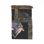 Woven blanket featuring illustrated hyena pups in a cozy wildlife-inspired design with warm earthy tones and detailed animal artwork. Soft statement blanket with nature lover aesthetic, safari inspired decor, whimsical wildlife art, maximalist home decor, indie illustration style, cozy cottagecore vibe, and expressive alternative decor perfect for bedrooms, reading nooks, couches, gifts, and colorful eclectic living spaces.