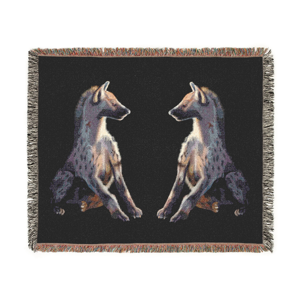Woven blanket featuring illustrated hyena pups in a cozy wildlife-inspired design with warm earthy tones and detailed animal artwork. Soft statement blanket with nature lover aesthetic, safari inspired decor, whimsical wildlife art, maximalist home decor, indie illustration style, cozy cottagecore vibe, and expressive alternative decor perfect for bedrooms, reading nooks, couches, gifts, and colorful eclectic living spaces.
