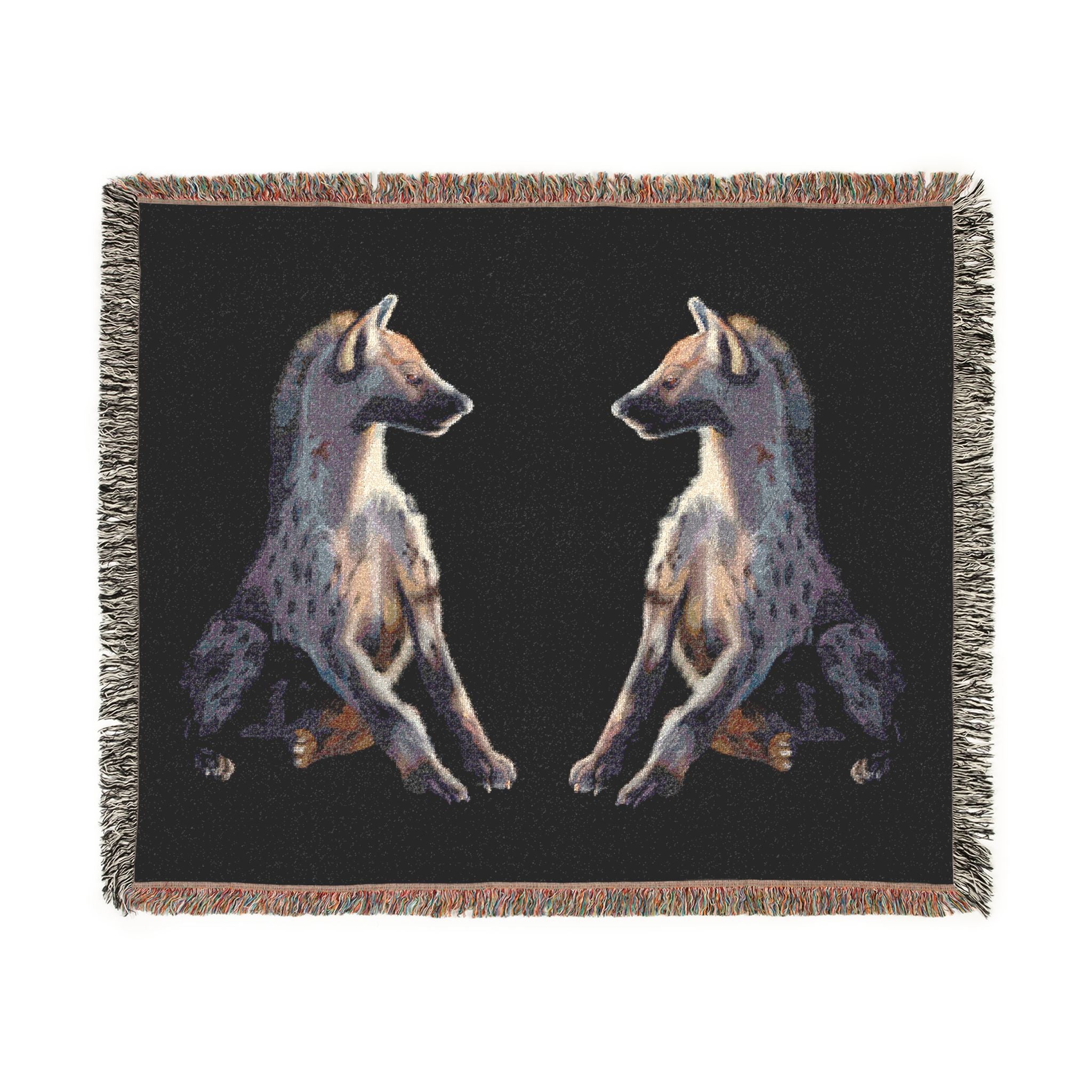 Woven blanket featuring illustrated hyena pups in a cozy wildlife-inspired design with warm earthy tones and detailed animal artwork. Soft statement blanket with nature lover aesthetic, safari inspired decor, whimsical wildlife art, maximalist home decor, indie illustration style, cozy cottagecore vibe, and expressive alternative decor perfect for bedrooms, reading nooks, couches, gifts, and colorful eclectic living spaces.