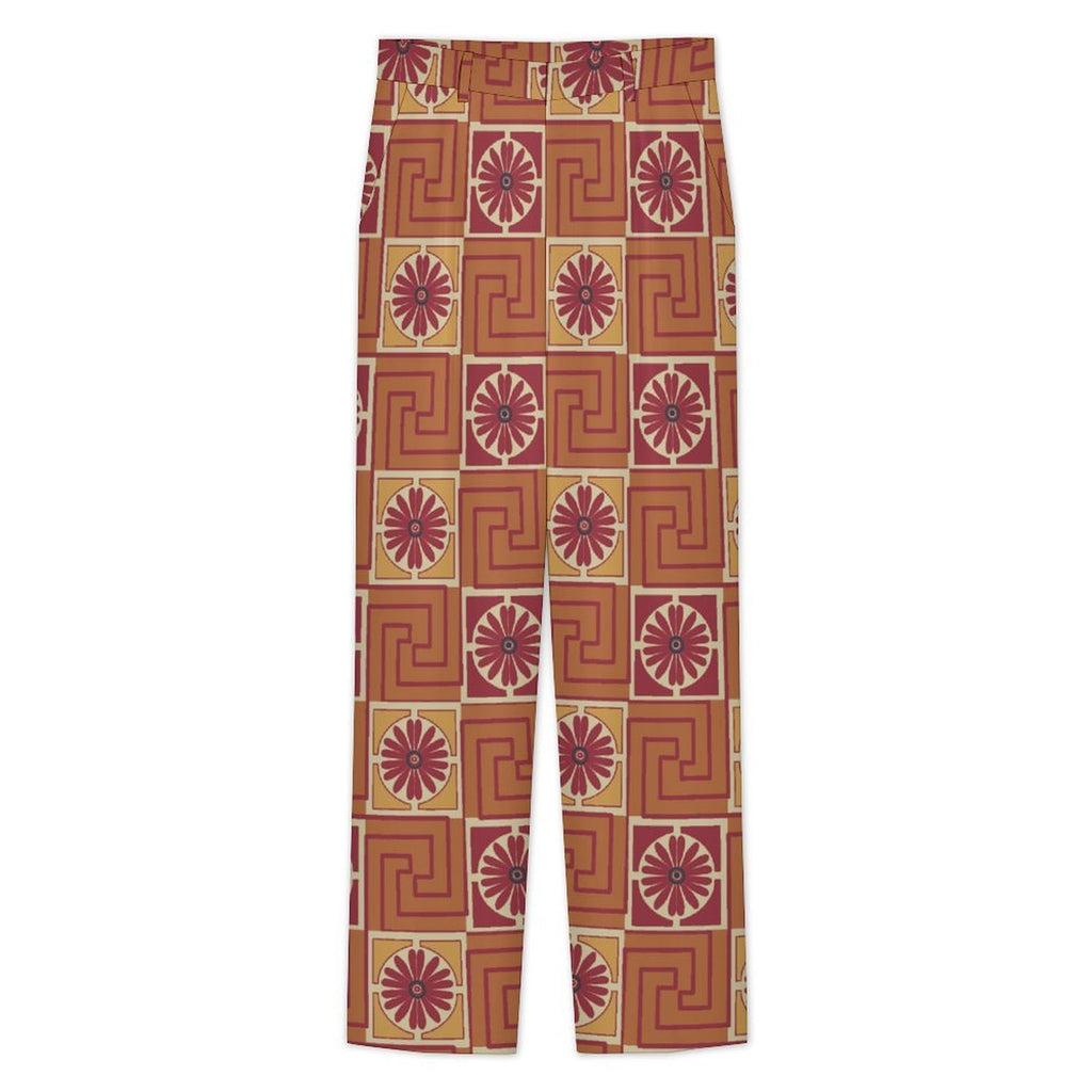 Dress pants featuring the Petal Circuit in Mulled Spice pattern with warm rust, plum, cream, and golden geometric floral shapes in a retro-inspired all-over print. Statement trousers with vintage autumn aesthetic, maximalist fashion, indie streetwear, mod inspired design, expressive queer friendly style, artsy alternative clothing, colorful geometric pattern, and bold patterned pants perfect for concerts, festivals, creative workwear, nightlife, parties, and everyday alternative fashion.