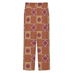 Dress pants featuring the Petal Circuit in Mulled Spice pattern with warm rust, plum, cream, and golden geometric floral shapes in a retro-inspired all-over print. Statement trousers with vintage autumn aesthetic, maximalist fashion, indie streetwear, mod inspired design, expressive queer friendly style, artsy alternative clothing, colorful geometric pattern, and bold patterned pants perfect for concerts, festivals, creative workwear, nightlife, parties, and everyday alternative fashion.