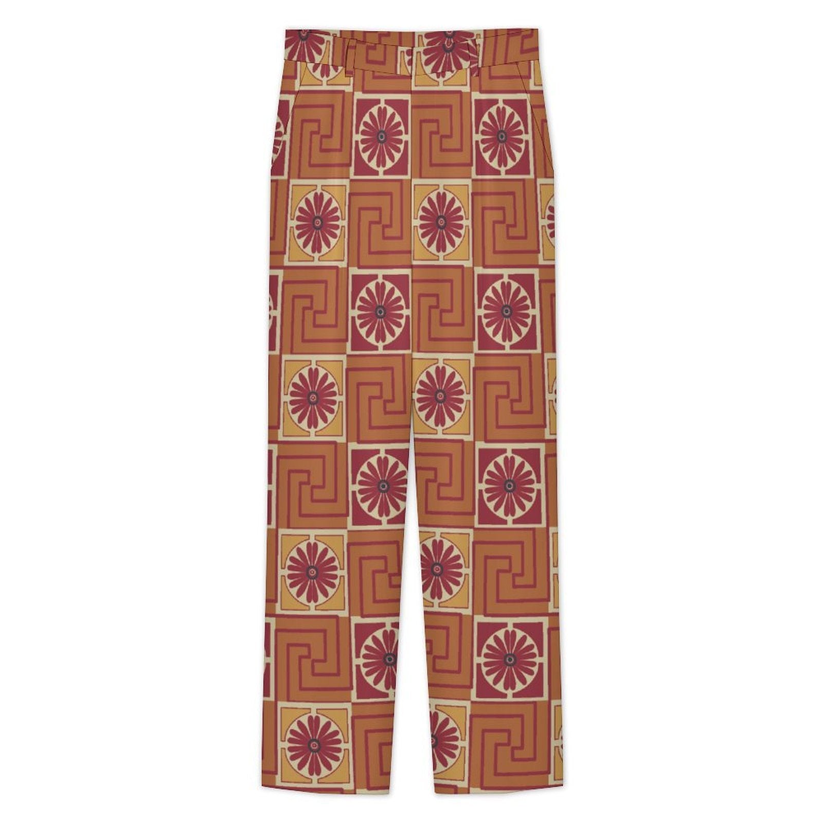 Dress pants featuring the Petal Circuit in Mulled Spice pattern with warm rust, plum, cream, and golden geometric floral shapes in a retro-inspired all-over print. Statement trousers with vintage autumn aesthetic, maximalist fashion, indie streetwear, mod inspired design, expressive queer friendly style, artsy alternative clothing, colorful geometric pattern, and bold patterned pants perfect for concerts, festivals, creative workwear, nightlife, parties, and everyday alternative fashion.