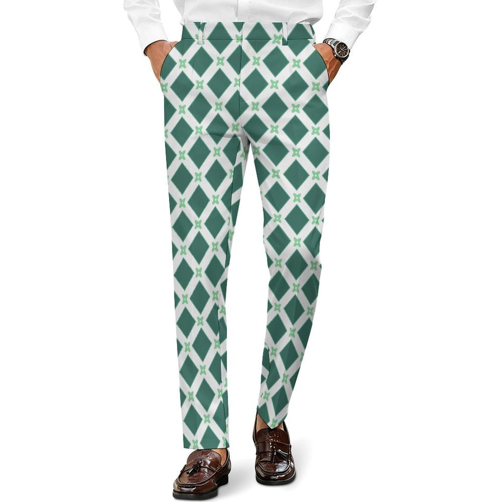Dress pants featuring the Fleur Riviera in Sea Glass pattern with ornate floral motifs in soft teal, cream, and seafoam tones in a vintage-inspired all-over print. Statement trousers with coastal maximalist aesthetic, indie streetwear, botanical artwork, expressive queer friendly fashion, retro resort style, artsy alternative clothing, and colorful patterned pants perfect for festivals, creative workwear, brunch, vacations, concerts, and everyday alternative fashion.