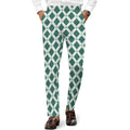Dress pants featuring the Fleur Riviera in Sea Glass pattern with ornate floral motifs in soft teal, cream, and seafoam tones in a vintage-inspired all-over print. Statement trousers with coastal maximalist aesthetic, indie streetwear, botanical artwork, expressive queer friendly fashion, retro resort style, artsy alternative clothing, and colorful patterned pants perfect for festivals, creative workwear, brunch, vacations, concerts, and everyday alternative fashion.