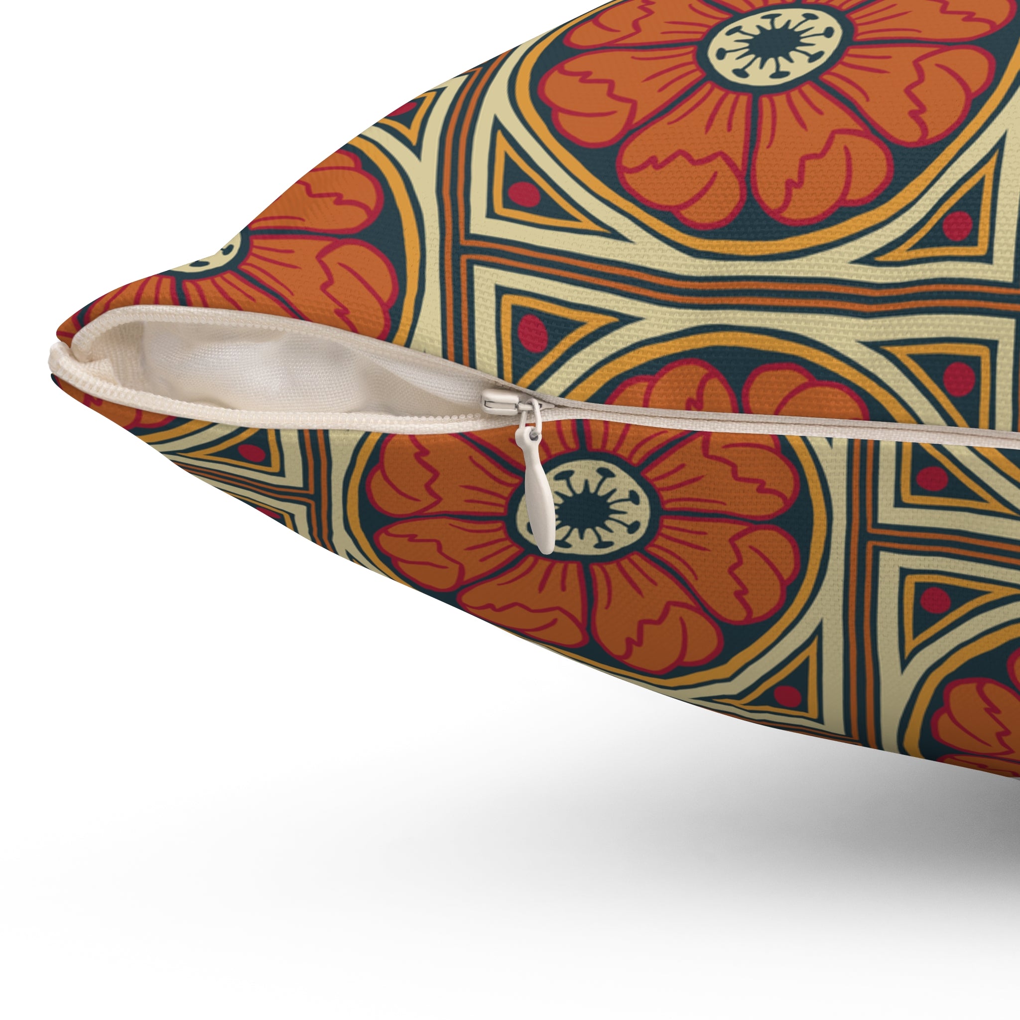 Decorative pillow featuring the Heritage Rosette in Terracotta Heart pattern with warm terracotta, cream, and floral-inspired geometric details in an ornate all-over design. Cozy home decor accent with vintage folk art aesthetic, cottagecore style, maximalist interior decor, botanical inspired artwork, earthy bohemian vibe, whimsical retro pattern, and artsy statement decor perfect for bedrooms, reading nooks, sofas, apartments, and colorful eclectic living spaces.