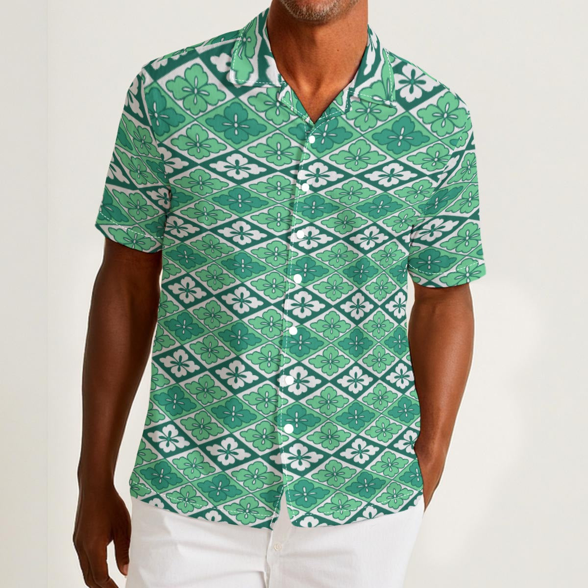 Button-down shirt featuring the Bloomgrid in Mint Mojito pattern with mint green, cream, and citrus-toned geometric floral shapes in a retro-inspired all-over print. Lightweight summer button down with coastal resort aesthetic, vintage Palm Springs style, botanical geometric pattern, maximalist fashion, indie streetwear, colorful vacation outfit, mod inspired design, artsy casualwear, breezy resortwear, expressive fashion, queer friendly style, and playful retro clothing perfect for beach vacations, brunch,