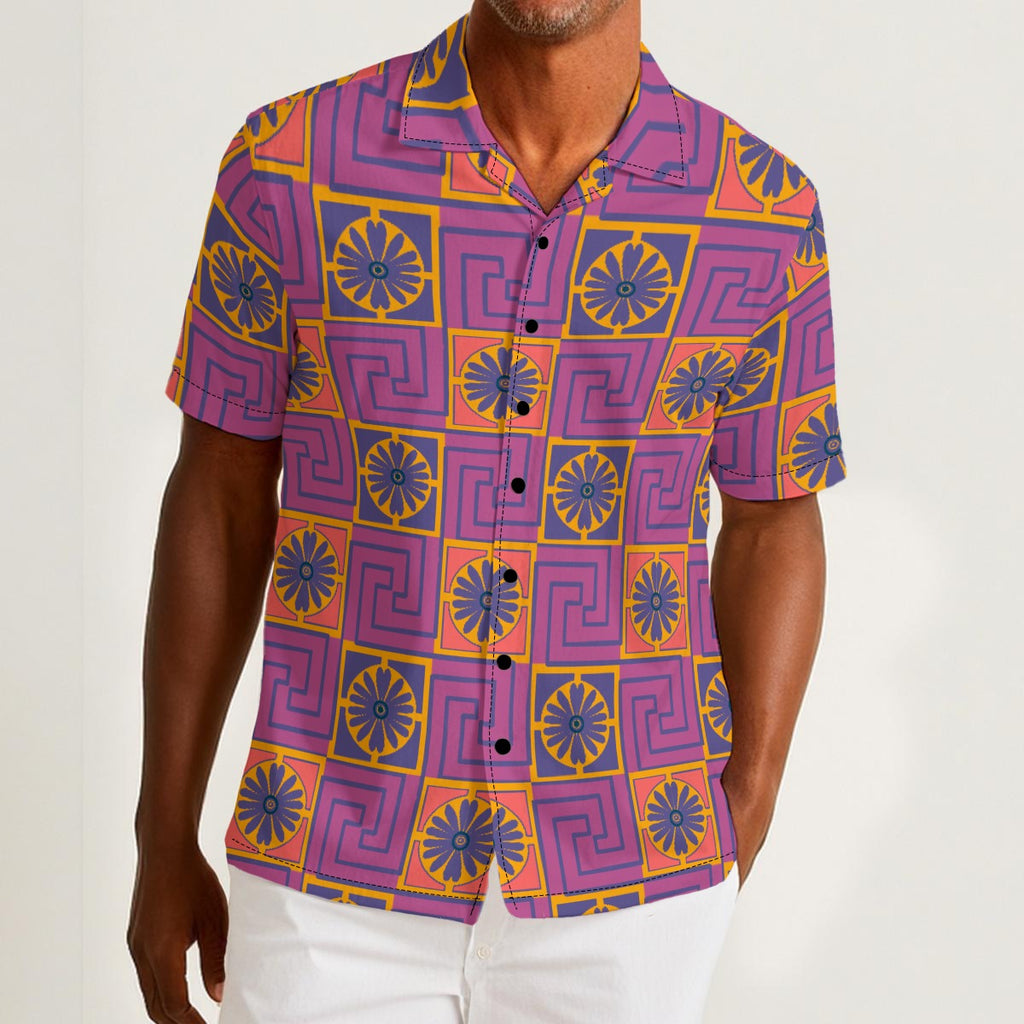 Button-down shirt featuring the Petal Circuit in Disco Fig pattern with bold purple, pink, orange, and cream geometric floral shapes in a retro-inspired all-over print. Lightweight statement shirt with maximalist fashion aesthetic, vintage resort style, mod inspired pattern, psychedelic floral design, indie streetwear, colorful vacation outfit vibe, expressive queer friendly fashion, artsy casualwear, retro geometric clothing, playful summer button down, and breezy resortwear perfect for festivals, travel