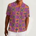 Button-down shirt featuring the Petal Circuit in Disco Fig pattern with bold purple, pink, orange, and cream geometric floral shapes in a retro-inspired all-over print. Lightweight statement shirt with maximalist fashion aesthetic, vintage resort style, mod inspired pattern, psychedelic floral design, indie streetwear, colorful vacation outfit vibe, expressive queer friendly fashion, artsy casualwear, retro geometric clothing, playful summer button down, and breezy resortwear perfect for festivals, travel