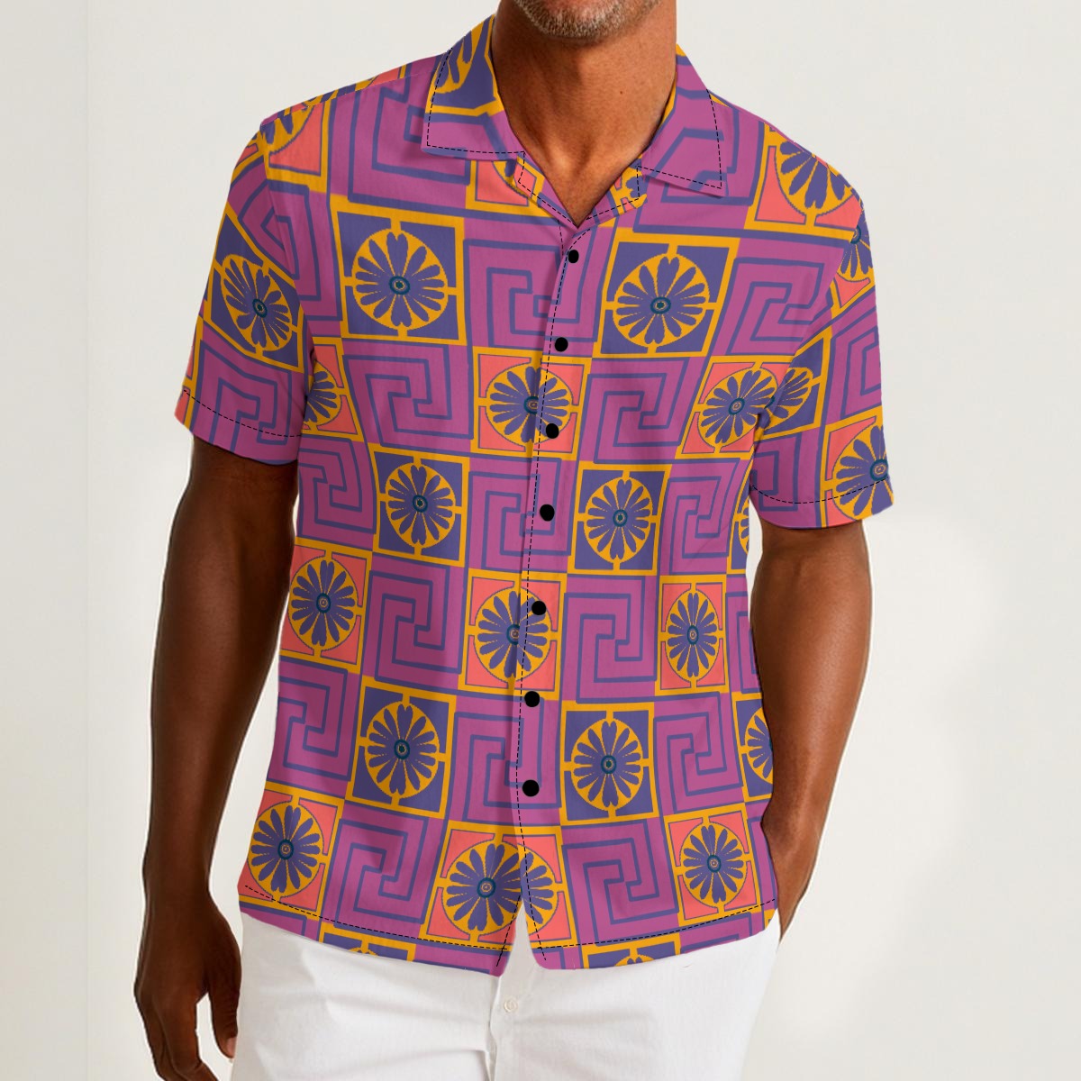 Button-down shirt featuring the Petal Circuit in Disco Fig pattern with bold purple, pink, orange, and cream geometric floral shapes in a retro-inspired all-over print. Lightweight statement shirt with maximalist fashion aesthetic, vintage resort style, mod inspired pattern, psychedelic floral design, indie streetwear, colorful vacation outfit vibe, expressive queer friendly fashion, artsy casualwear, retro geometric clothing, playful summer button down, and breezy resortwear perfect for festivals, travel