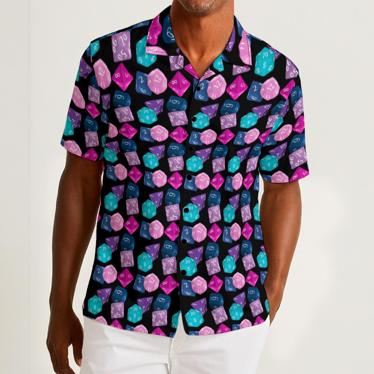 Button-down shirt featuring a colorful polyhedral dice pattern in an all-over tabletop gaming inspired print. Lightweight statement shirt with nerdy maximalist aesthetic, tabletop RPG fashion, Dungeons and Dragons inspired style, indie streetwear, expressive queer friendly fashion, whimsical gamer apparel, retro novelty print, artsy casualwear, and playful alternative clothing perfect for conventions, game nights, festivals, vacations, and everyday geek fashion.