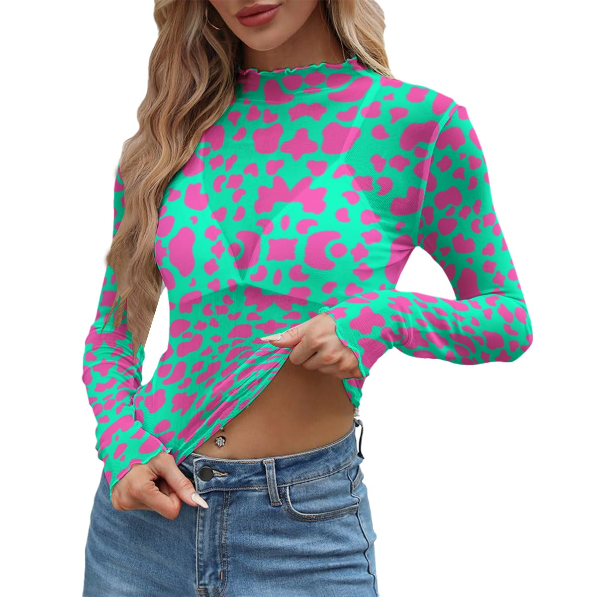Sheer mesh top featuring a pink bubblegum cow print with playful western-inspired all-over pattern design. Alternative fashion mesh shirt with coquette cowgirl aesthetic, kawaii western style, Y2K inspired streetwear, pastel cow print clothing, whimsical indie fashion, edgy layered outfit piece, playful maximalist aesthetic, expressive queer friendly fashion, trendy alternative mesh apparel, soft grunge western vibe, and statement sheer top perfect for festivals, concerts, nightlife, rave outfits, parties, 