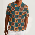 Button-down shirt featuring the Petal Circuit in Desert Teal pattern with teal, cream, rust, and golden geometric floral shapes in a retro-inspired all-over print. Lightweight summer shirt with vintage resort aesthetic, mod inspired fashion, indie streetwear, colorful vacation outfit vibe, artsy casualwear, expressive queer friendly style, and breezy statement clothing perfect for travel, festivals, brunch, beach vacations, and everyday summer wear.