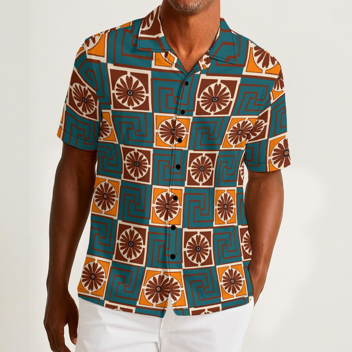 Button-down shirt featuring the Petal Circuit in Desert Teal pattern with teal, cream, rust, and golden geometric floral shapes in a retro-inspired all-over print. Lightweight summer shirt with vintage resort aesthetic, mod inspired fashion, indie streetwear, colorful vacation outfit vibe, artsy casualwear, expressive queer friendly style, and breezy statement clothing perfect for travel, festivals, brunch, beach vacations, and everyday summer wear.