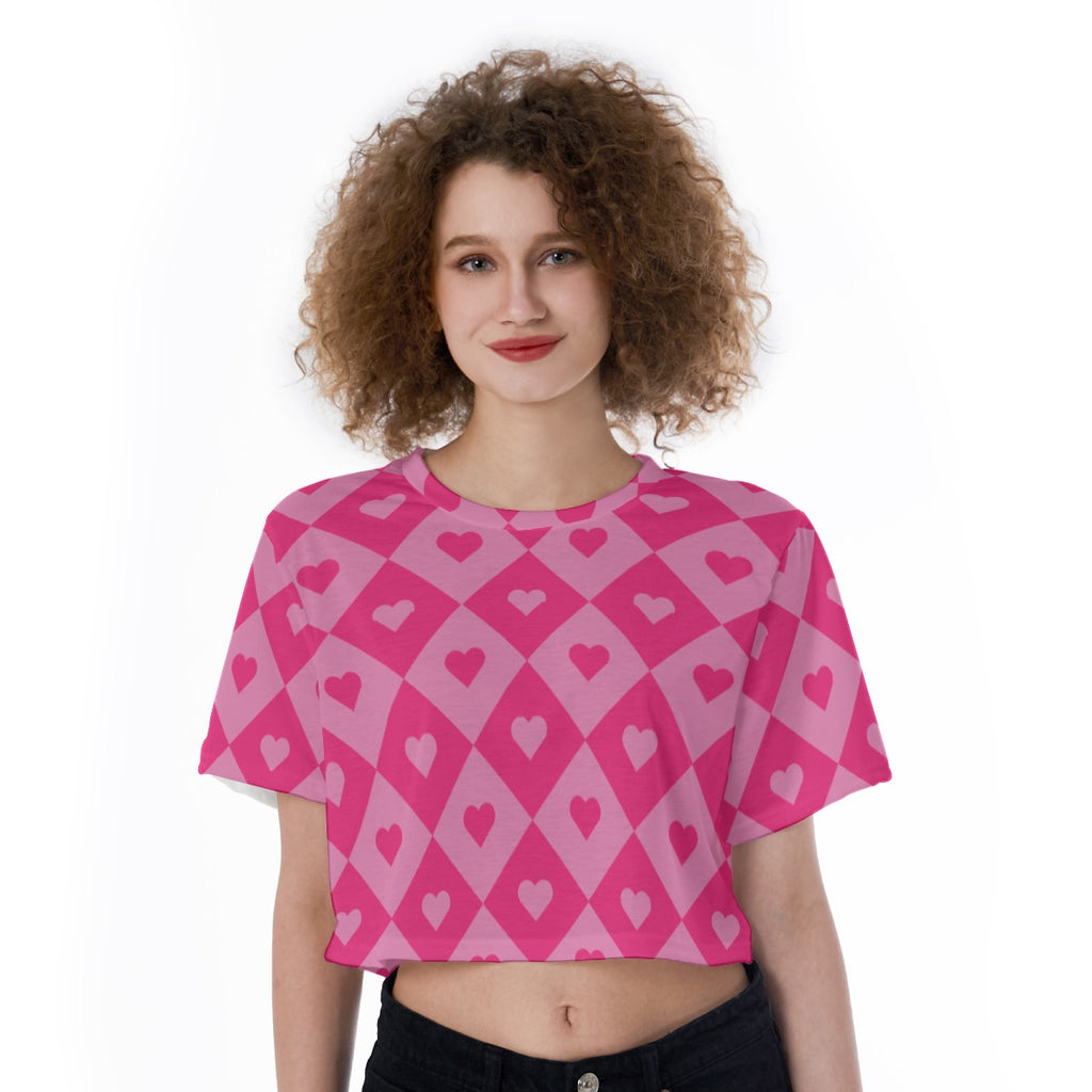 Crop top featuring a bold heart and diamond pattern in a playful all-over print design. Alternative fashion crop top with retro mod aesthetic, colorful geometric fashion, indie streetwear, Y2K inspired clothing, maximalist style, artsy statement apparel, whimsical graphic pattern, expressive queer friendly fashion, trendy alternative streetwear, playful heart motif, and bold crop top perfect for festivals, concerts, parties, nightlife, vacations, summer outfits, and creative everyday wear.