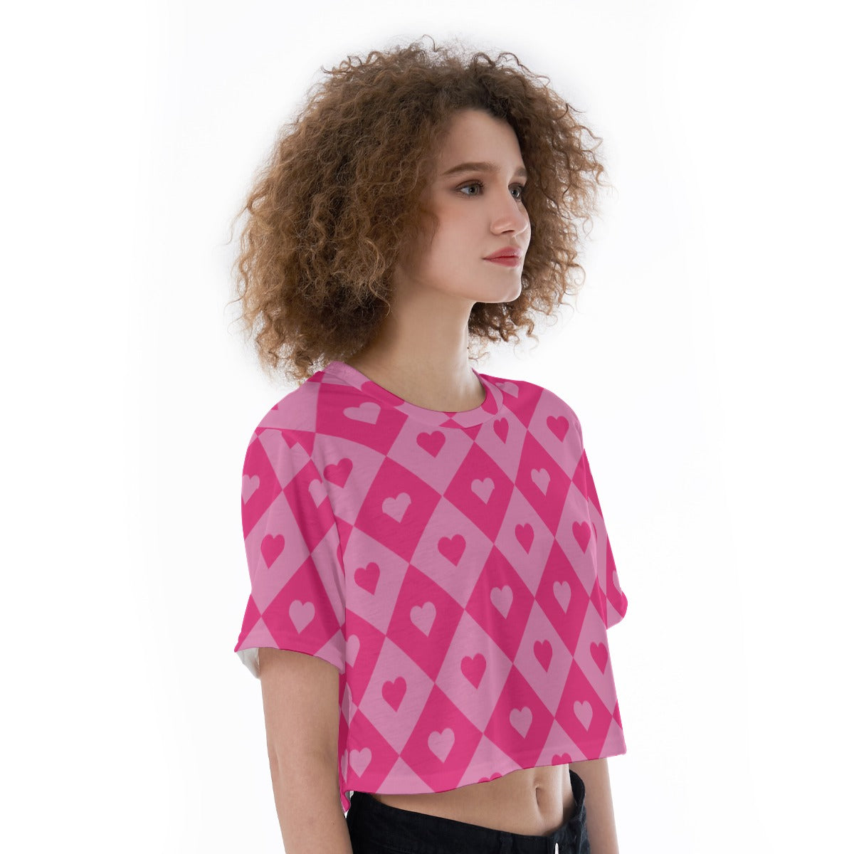 Crop top featuring a bold heart and diamond pattern in a playful all-over print design. Alternative fashion crop top with retro mod aesthetic, colorful geometric fashion, indie streetwear, Y2K inspired clothing, maximalist style, artsy statement apparel, whimsical graphic pattern, expressive queer friendly fashion, trendy alternative streetwear, playful heart motif, and bold crop top perfect for festivals, concerts, parties, nightlife, vacations, summer outfits, and creative everyday wear.