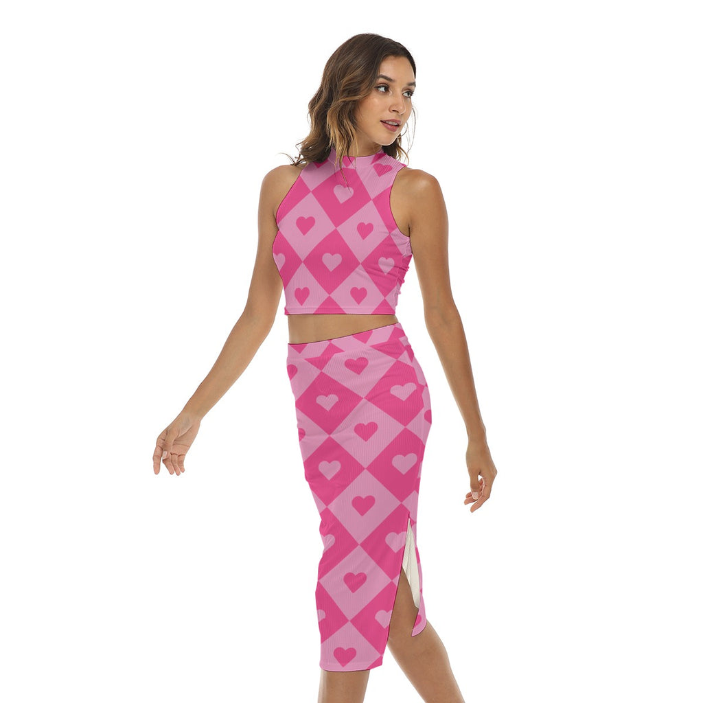 Matching top and skirt set featuring a bold heart and diamond pattern in a playful all-over print design. Alternative fashion two-piece outfit with retro mod aesthetic, colorful geometric fashion, indie streetwear, Y2K inspired clothing, maximalist style, artsy coordinated set, whimsical statement outfit, expressive queer friendly fashion, playful checker and heart motif, trendy alternative clothing, and bold graphic apparel perfect for festivals, parties, concerts, vacations, nightlife, casual outings, and