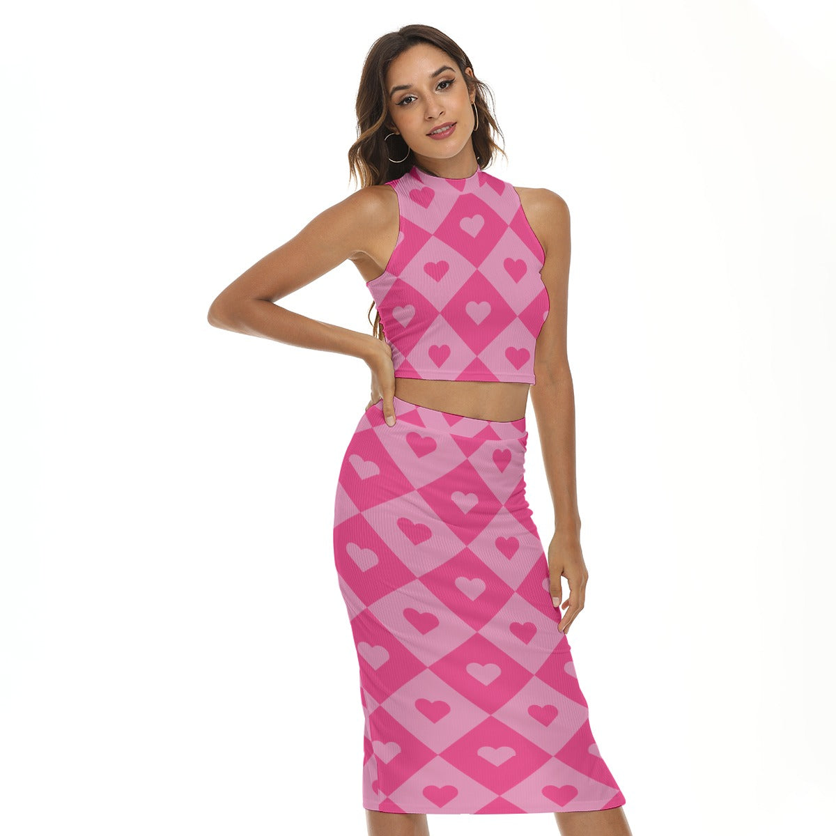 Matching top and skirt set featuring a bold heart and diamond pattern in a playful all-over print design. Alternative fashion two-piece outfit with retro mod aesthetic, colorful geometric fashion, indie streetwear, Y2K inspired clothing, maximalist style, artsy coordinated set, whimsical statement outfit, expressive queer friendly fashion, playful checker and heart motif, trendy alternative clothing, and bold graphic apparel perfect for festivals, parties, concerts, vacations, nightlife, casual outings, and