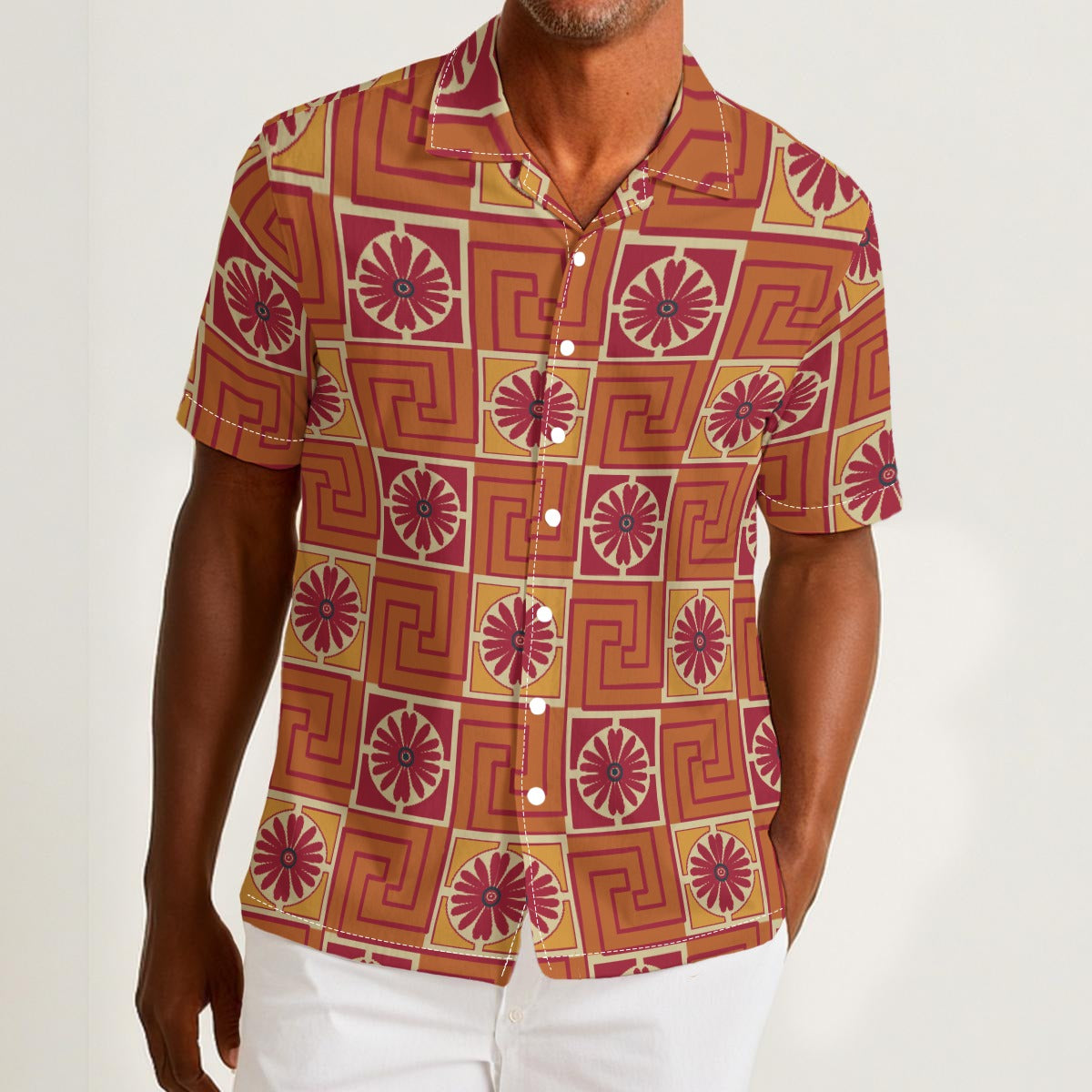 Button-down shirt featuring the Petal Circuit in Mulled Spice pattern with warm rust, cream, plum, and golden geometric floral shapes in a retro-inspired all-over print. Lightweight statement shirt with vintage autumn aesthetic, maximalist fashion, indie streetwear, mod inspired design, expressive queer friendly style, artsy casualwear, and colorful resortwear perfect for festivals, travel, brunch, concerts, and everyday alternative summer wear.
