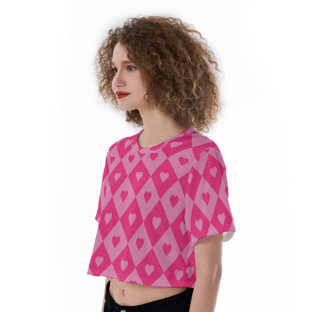 Crop top featuring a bold heart and diamond pattern in a playful all-over print design. Alternative fashion crop top with retro mod aesthetic, colorful geometric fashion, indie streetwear, Y2K inspired clothing, maximalist style, artsy statement apparel, whimsical graphic pattern, expressive queer friendly fashion, trendy alternative streetwear, playful heart motif, and bold crop top perfect for festivals, concerts, parties, nightlife, vacations, summer outfits, and creative everyday wear.