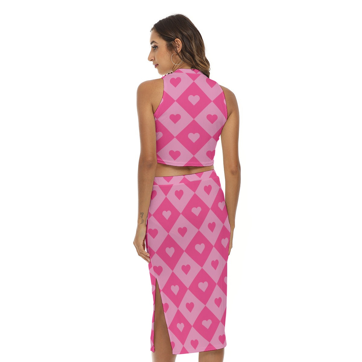 Matching top and skirt set featuring a bold heart and diamond pattern in a playful all-over print design. Alternative fashion two-piece outfit with retro mod aesthetic, colorful geometric fashion, indie streetwear, Y2K inspired clothing, maximalist style, artsy coordinated set, whimsical statement outfit, expressive queer friendly fashion, playful checker and heart motif, trendy alternative clothing, and bold graphic apparel perfect for festivals, parties, concerts, vacations, nightlife, casual outings, and