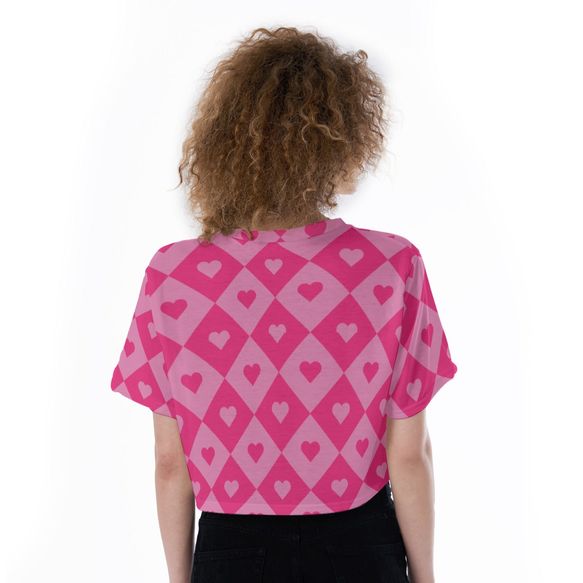 Crop top featuring a bold heart and diamond pattern in a playful all-over print design. Alternative fashion crop top with retro mod aesthetic, colorful geometric fashion, indie streetwear, Y2K inspired clothing, maximalist style, artsy statement apparel, whimsical graphic pattern, expressive queer friendly fashion, trendy alternative streetwear, playful heart motif, and bold crop top perfect for festivals, concerts, parties, nightlife, vacations, summer outfits, and creative everyday wear.