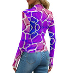 Sheer mesh top featuring a dreamy bisexual lighting inspired waterscape print with flowing blue, pink, and purple tones in an all-over design. Alternative fashion mesh shirt with vaporwave aesthetic, surreal ocean inspired artwork, queer fashion, Y2K inspired streetwear, dreamy pastel clothing, soft grunge style, indie fashion, expressive alternative apparel, colorful statement mesh top, artsy maximalist fashion, layered rave outfit aesthetic, whimsical sheer streetwear