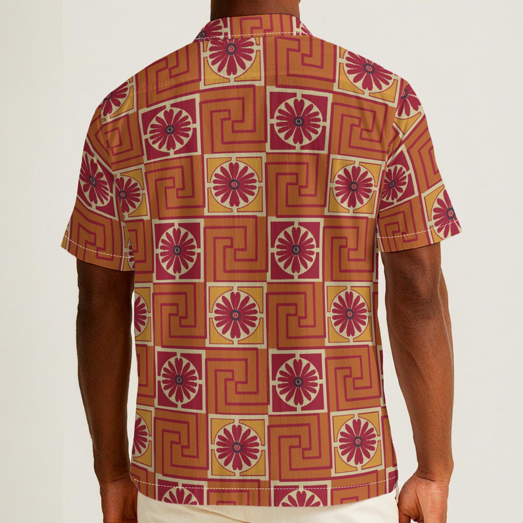Button-down shirt featuring the Petal Circuit in Mulled Spice pattern with warm rust, cream, plum, and golden geometric floral shapes in a retro-inspired all-over print. Lightweight statement shirt with vintage autumn aesthetic, maximalist fashion, indie streetwear, mod inspired design, expressive queer friendly style, artsy casualwear, and colorful resortwear perfect for festivals, travel, brunch, concerts, and everyday alternative summer wear.