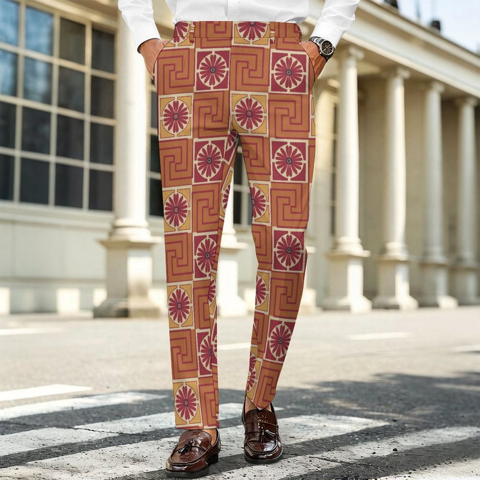Dress pants featuring the Petal Circuit in Mulled Spice pattern with warm rust, plum, cream, and golden geometric floral shapes in a retro-inspired all-over print. Statement trousers with vintage autumn aesthetic, maximalist fashion, indie streetwear, mod inspired design, expressive queer friendly style, artsy alternative clothing, colorful geometric pattern, and bold patterned pants perfect for concerts, festivals, creative workwear, nightlife, parties, and everyday alternative fashion.