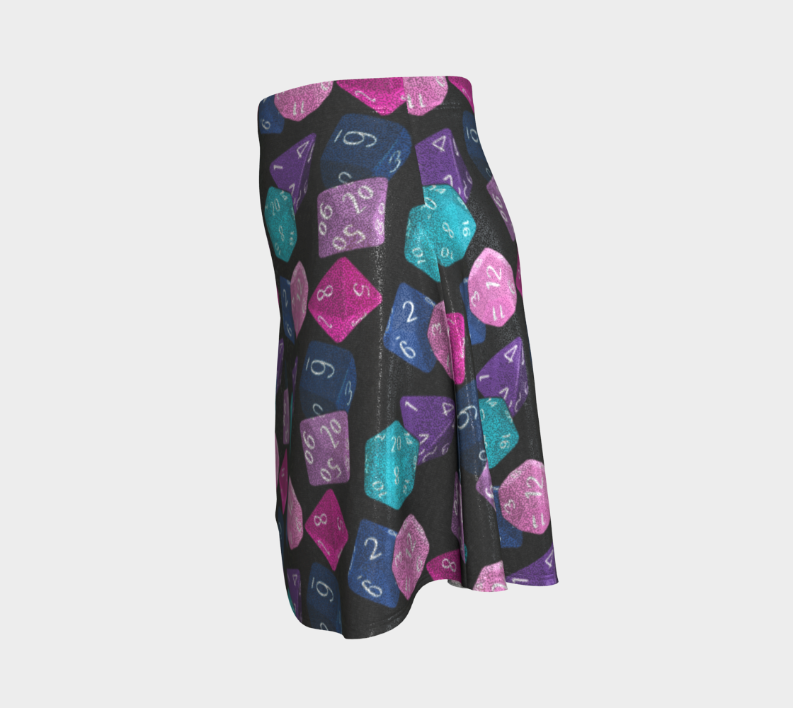 Flared skirt featuring a colorful polyhedral dice pattern with glitter-inspired details in an all-over tabletop gaming print. Playful statement skirt with nerdy maximalist aesthetic, Dungeons and Dragons inspired fashion, indie streetwear, whimsical gamer apparel, expressive queer friendly style, retro novelty fashion, artsy alternative clothing, and fun geek chic outfit perfect for conventions, festivals, game nights, concerts, parties, and everyday alternative wear.