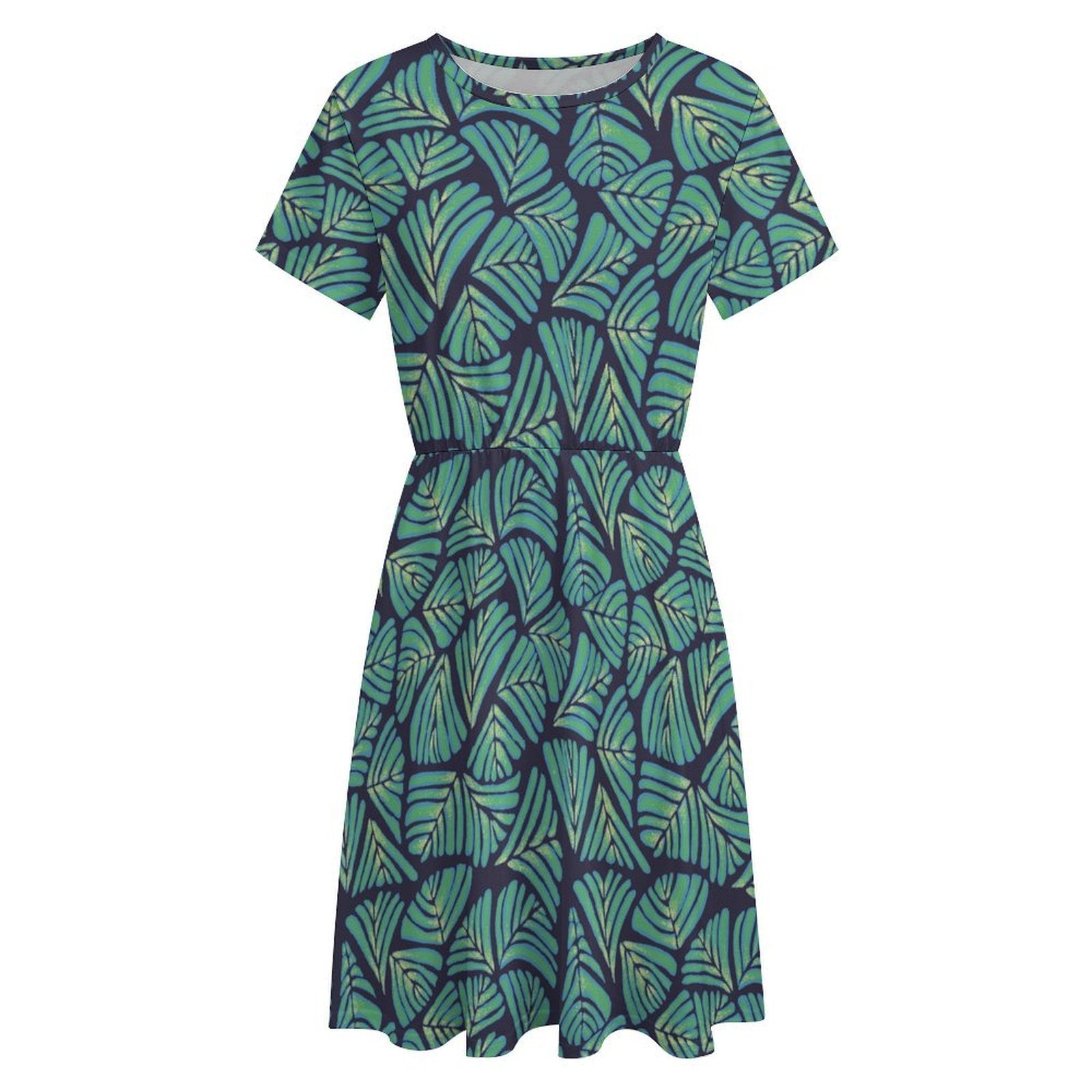 Short sleeve dress featuring the Frondescence pattern with layered tropical foliage in deep green botanical tones and an all-over nature-inspired print. Flowy casual dress with earthy jungle aesthetic, maximalist fashion, indie streetwear, botanical artwork, expressive queer friendly style, artsy everyday wear, and retro-inspired tropical clothing perfect for vacations, brunch, festivals, casual outings, and comfortable everyday alternative fashion.