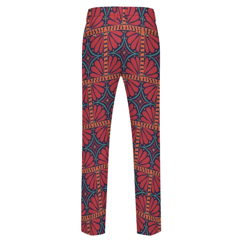 Dress pants featuring the Petalburst Tile in Midnight Fiesta pattern with bold floral-inspired geometric shapes in rich midnight blue, orange, pink, and cream tones. Statement trousers with retro maximalist aesthetic, indie streetwear, mod inspired fashion, expressive queer friendly style, artsy alternative clothing, colorful geometric pattern, and bold patterned pants perfect for concerts, parties, festivals, creative workwear, nightlife, and everyday alternative fashion.