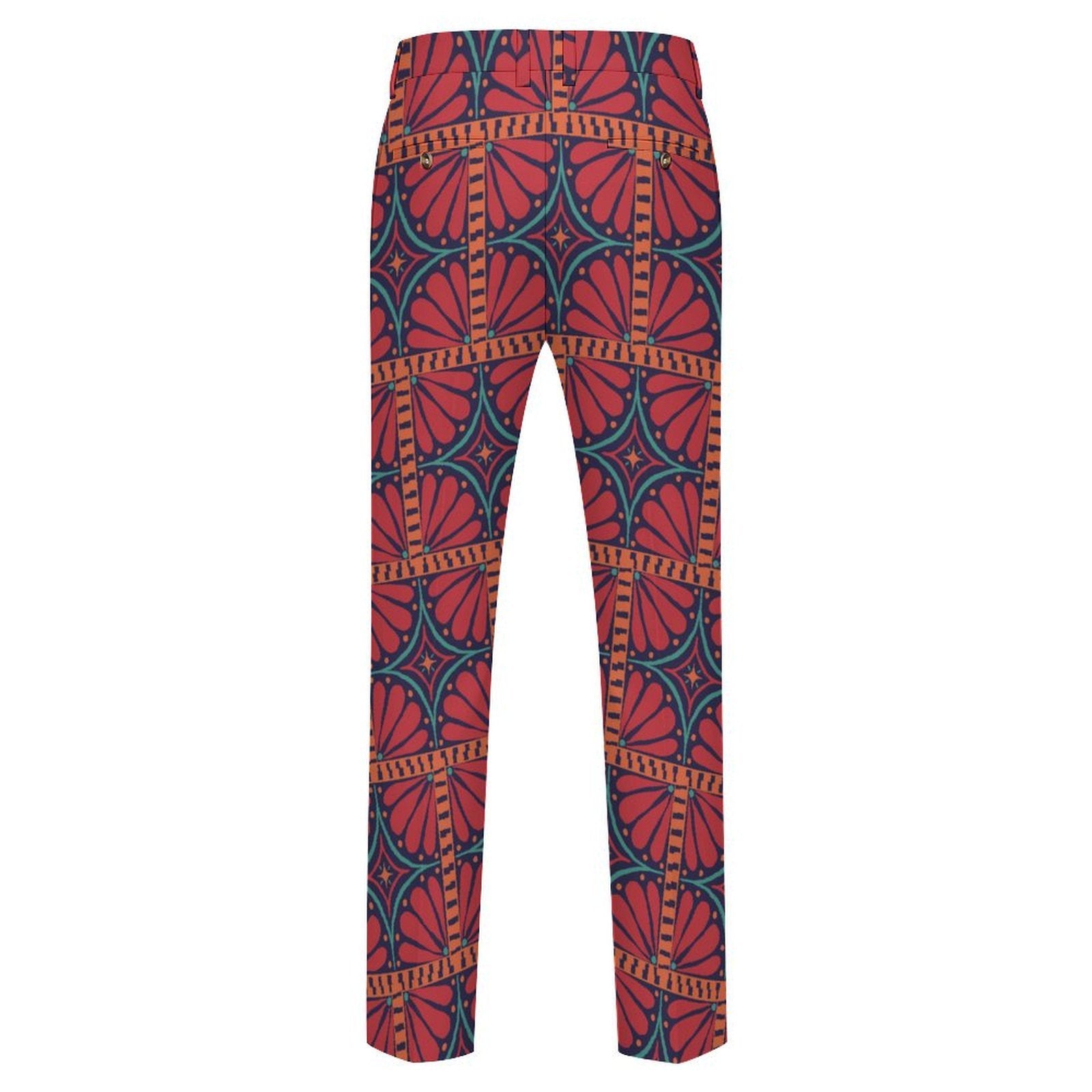 Dress pants featuring the Petalburst Tile in Midnight Fiesta pattern with bold floral-inspired geometric shapes in rich midnight blue, orange, pink, and cream tones. Statement trousers with retro maximalist aesthetic, indie streetwear, mod inspired fashion, expressive queer friendly style, artsy alternative clothing, colorful geometric pattern, and bold patterned pants perfect for concerts, parties, festivals, creative workwear, nightlife, and everyday alternative fashion.